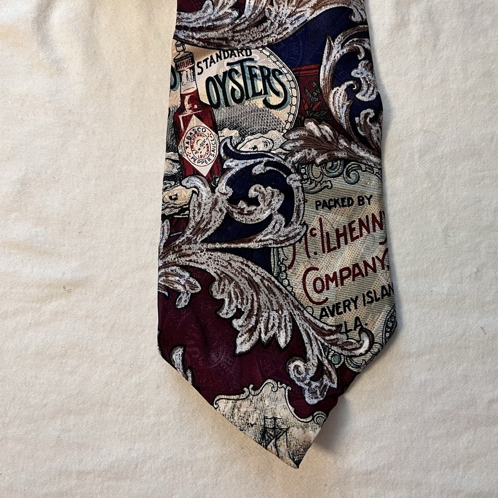 Vintage TABASCO Hot Sauce Unique Men's Necktie Oysters Ship Filigree 100% Silk